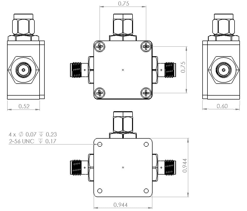 6UDD4W6H52SMAA3W Enclosure Kit for 0.040"/1mm PCB (size 0.5625"x0.5625") 3 SMA Active 0.6" Height