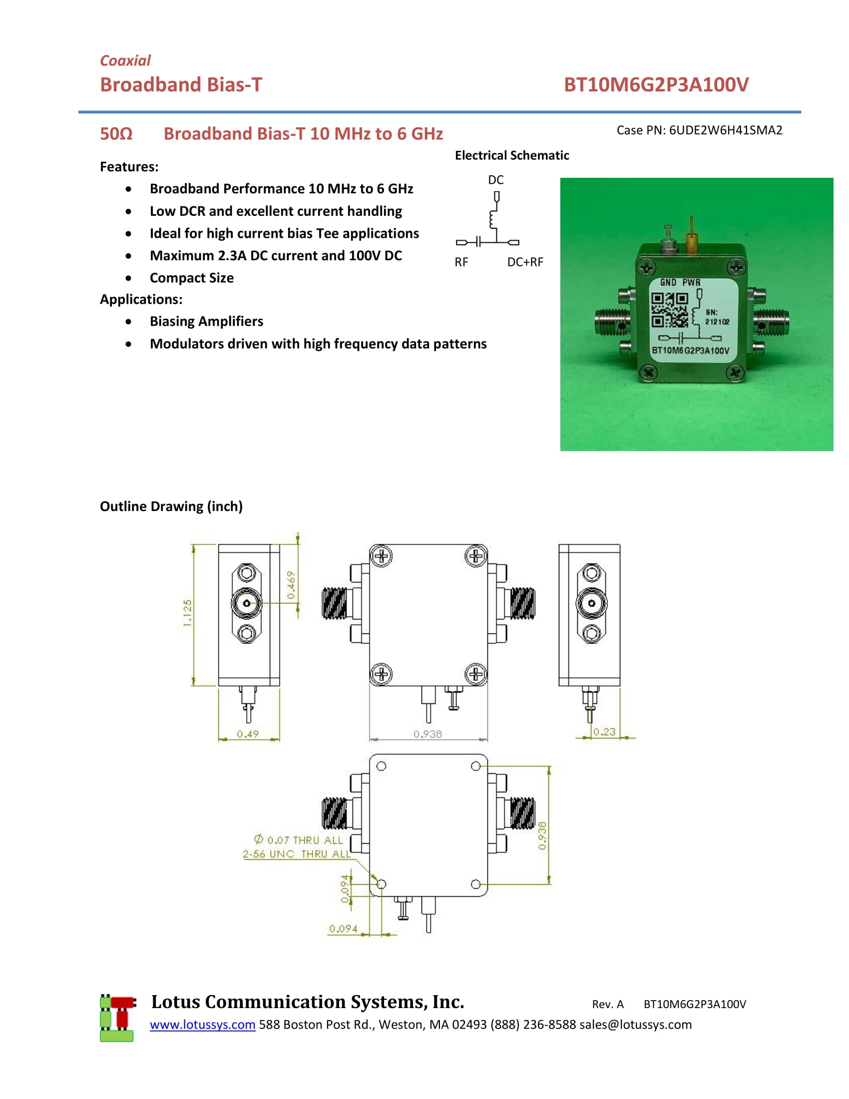 Bias Tee Broadband 10 MHz to 6 GHz (Max. 2.3A 100V DC)