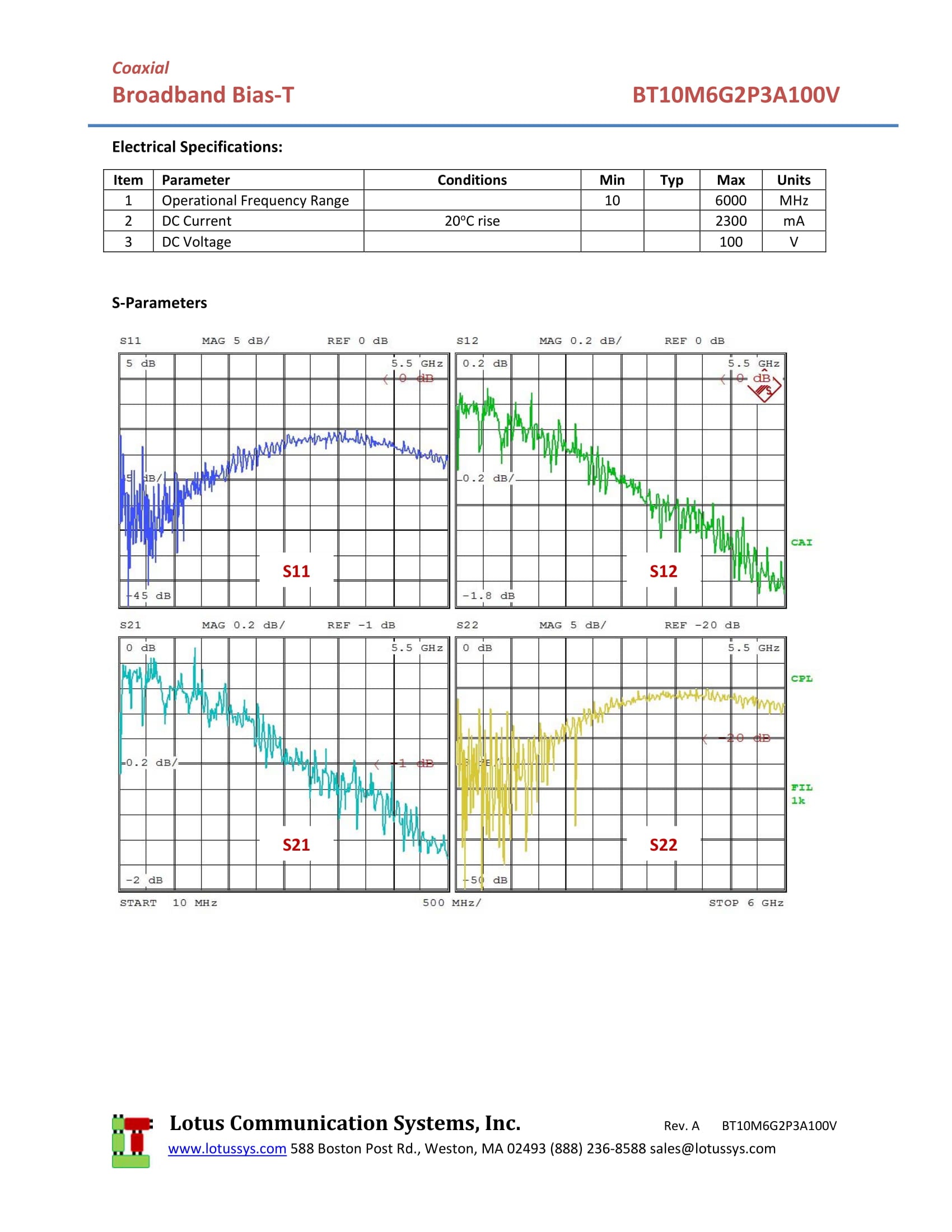 Bias Tee Broadband 10 MHz to 6 GHz (Max. 2.3A 100V DC)