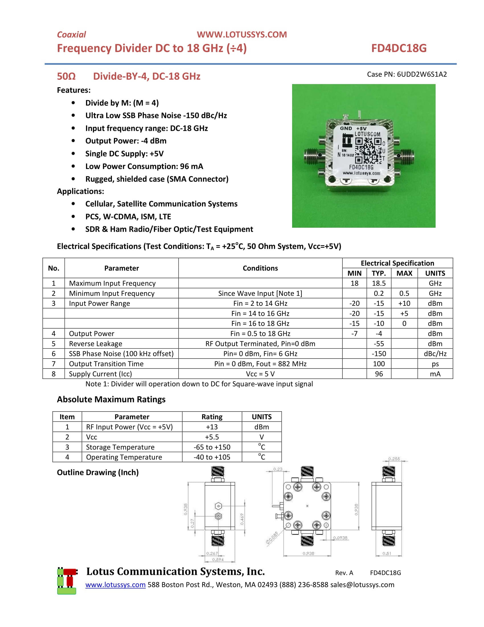 Frequency Divider/Prescaler Divide by 4 (DC to 18 GHz) FD4DC18G