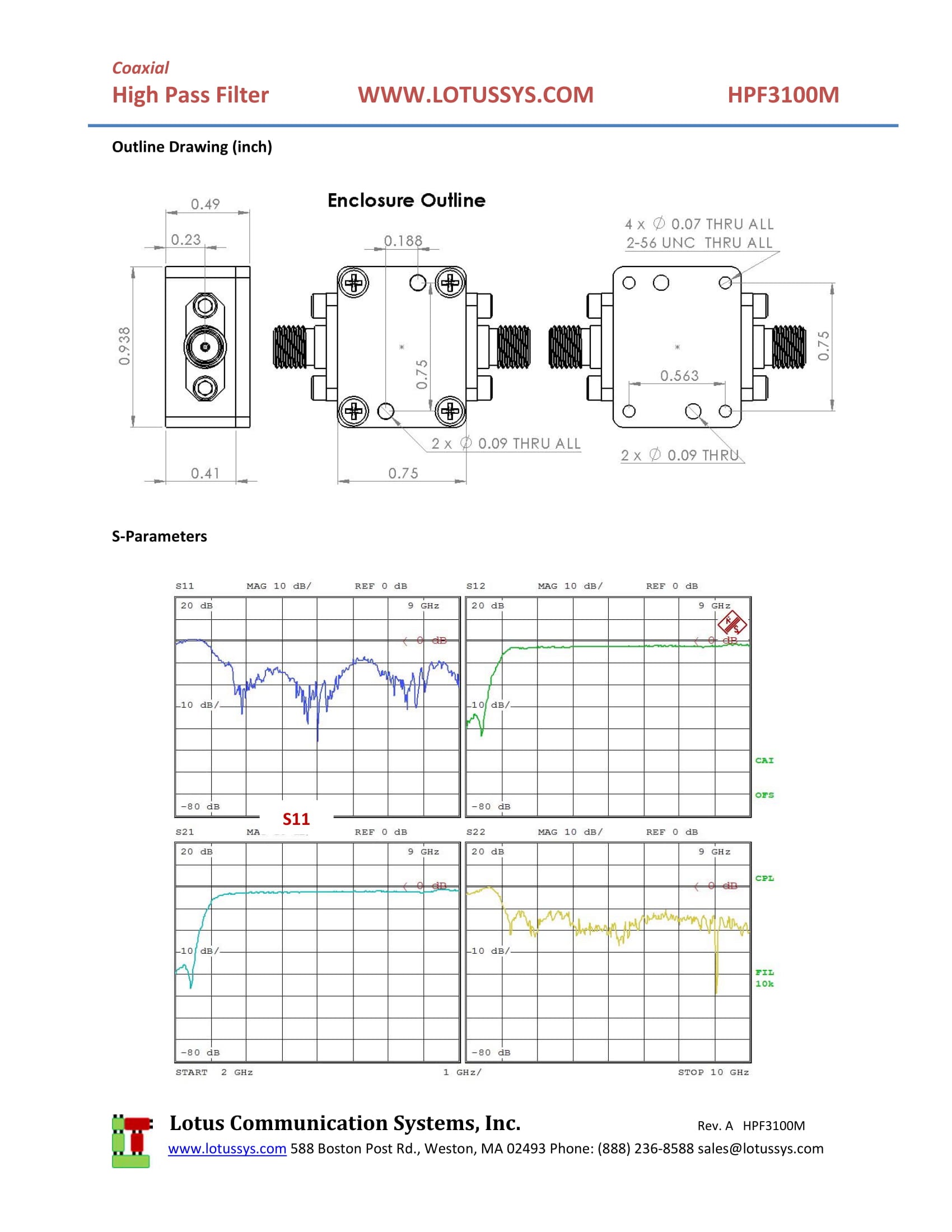 High Pass Filter (LTCC Construction) HPF3100M Pass Band 3.4G - 9.9GHz