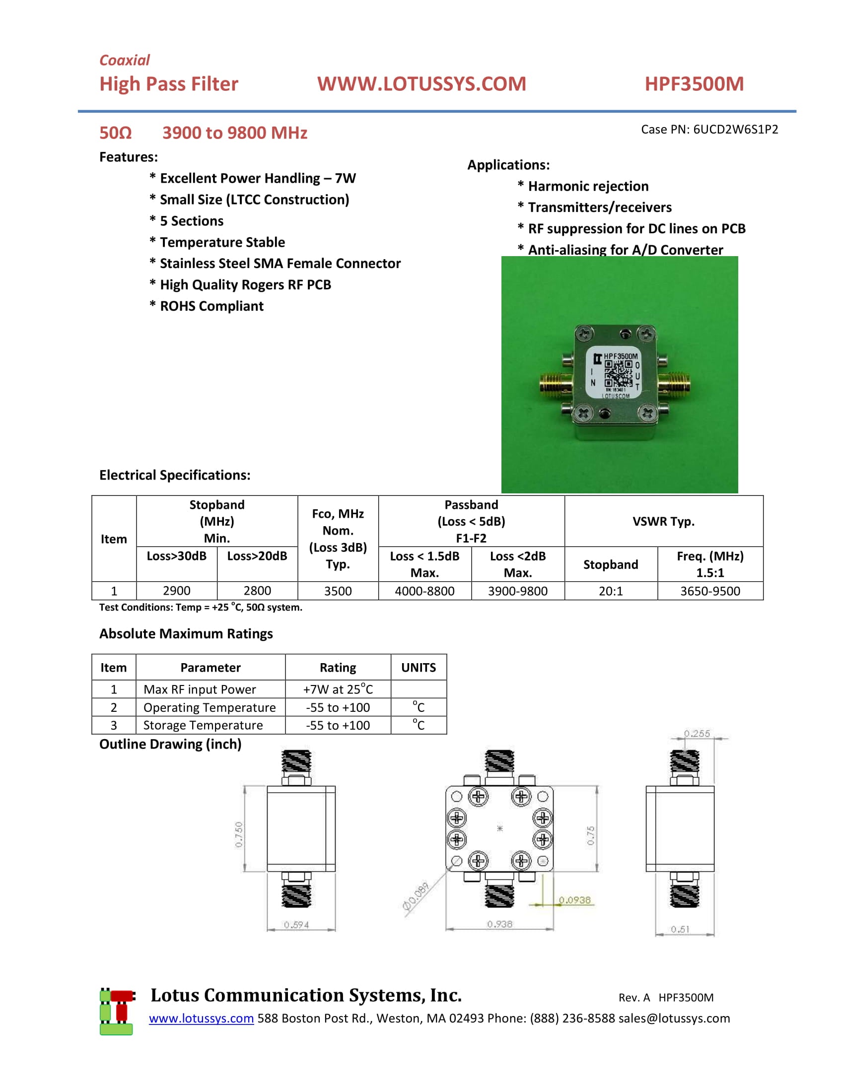 High Pass Filter (LTCC Construction) HPF3500M Pass Band 3.9G - 9.8GHz