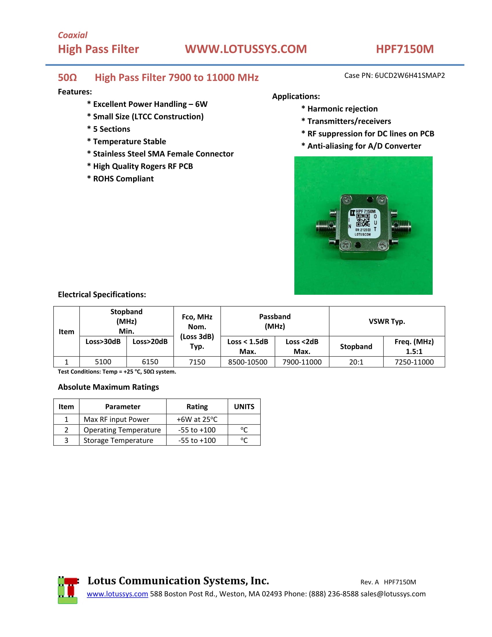 High Pass Filter (LTCC Construction) HPF7150M Pass Band 7.9G - 11GHz