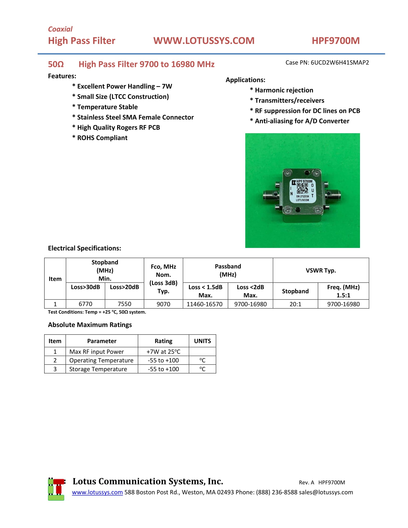 High Pass Filter (LTCC Construction) HPF9700M Pass Band 9.7G - 17 GHz