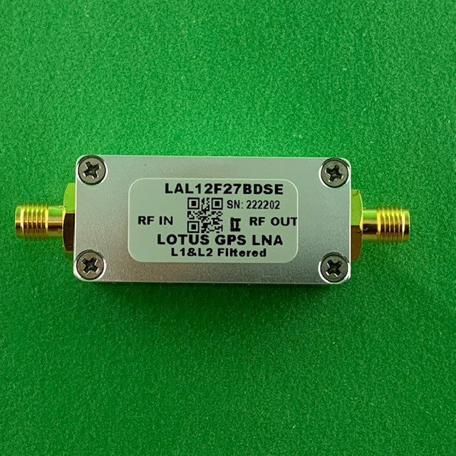 GPS/GNSS L1&amp;L2 Filtered Inline Low Noise Amplifier 0.6dB NF 1.1-1.7GHz 27dB Gain SMA (EMI Shielded)