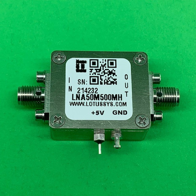 Low Noise Amplifier 0.9dB NF 50MHz to 500MHz 27dB Gain 22dBm P1dB SMA LNA50M500MH