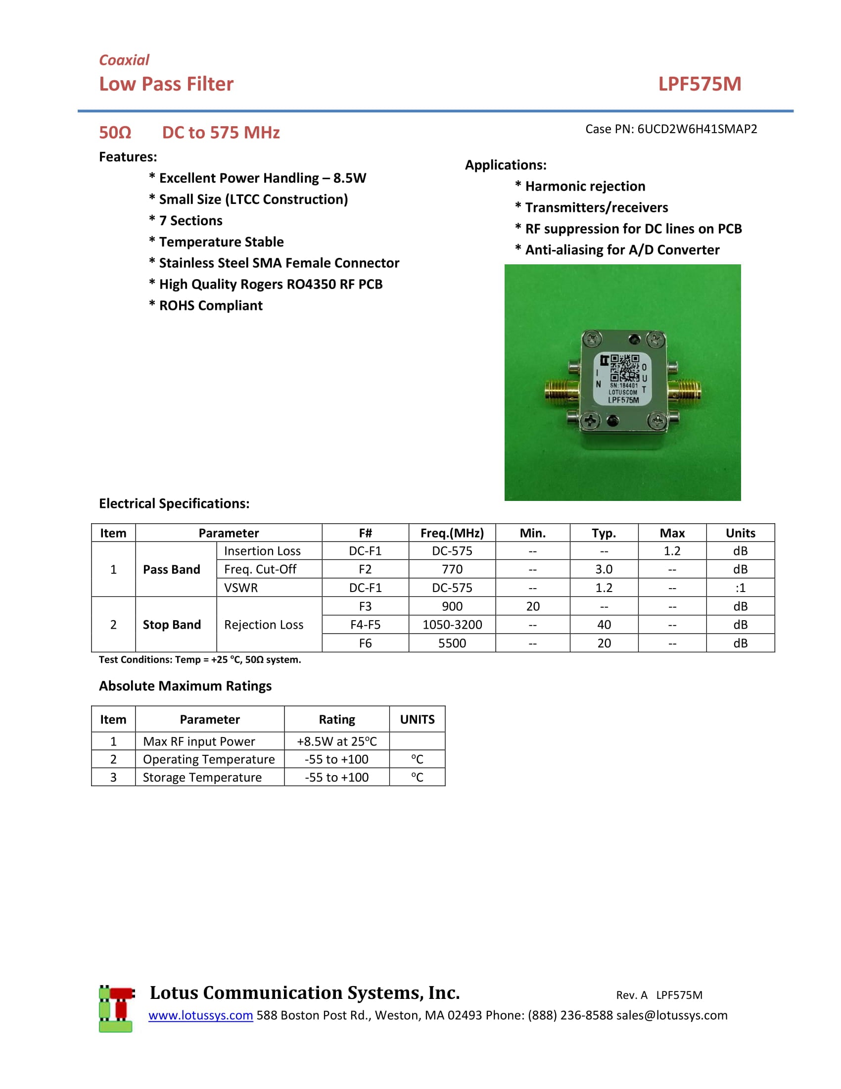 Low Pass Filter LPF575M (LTCC Construction) Pass Band DC-575 MHz