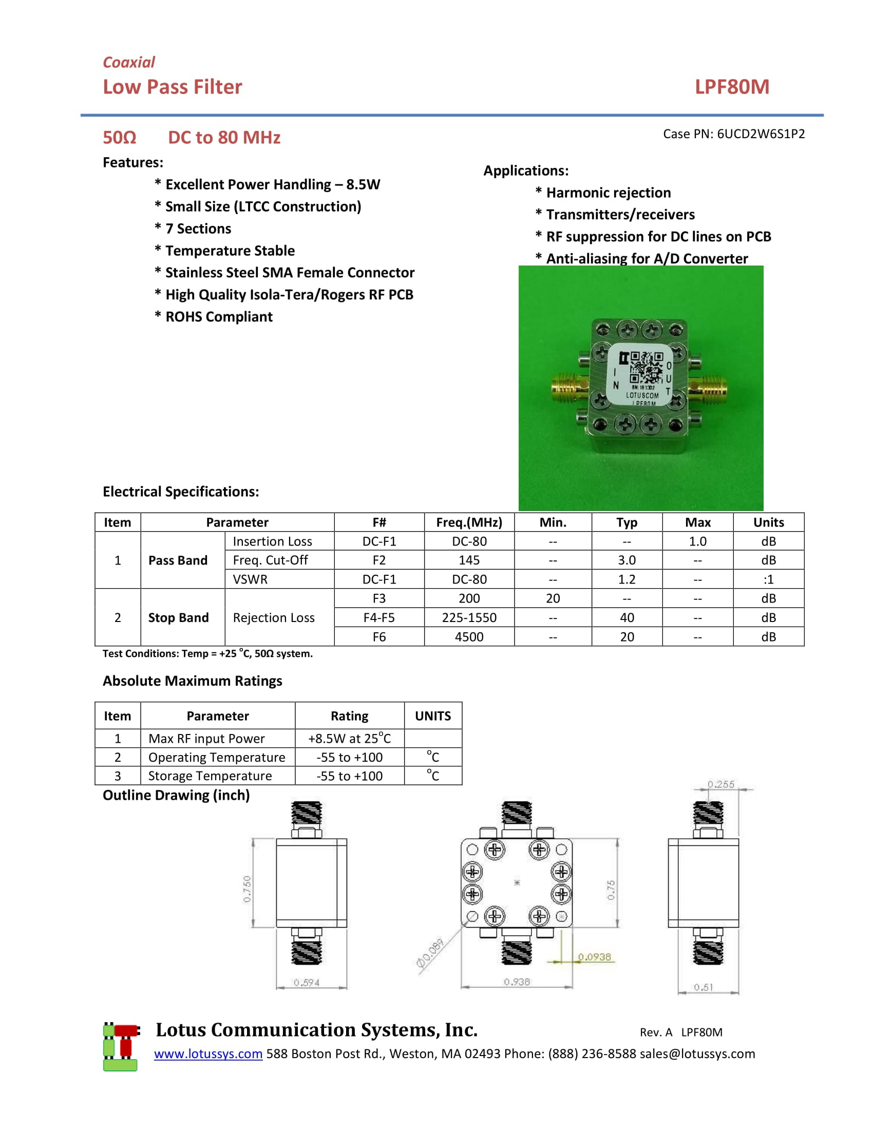 Low Pass Filter (LTCC Construction) Pass Band DC-80MHz