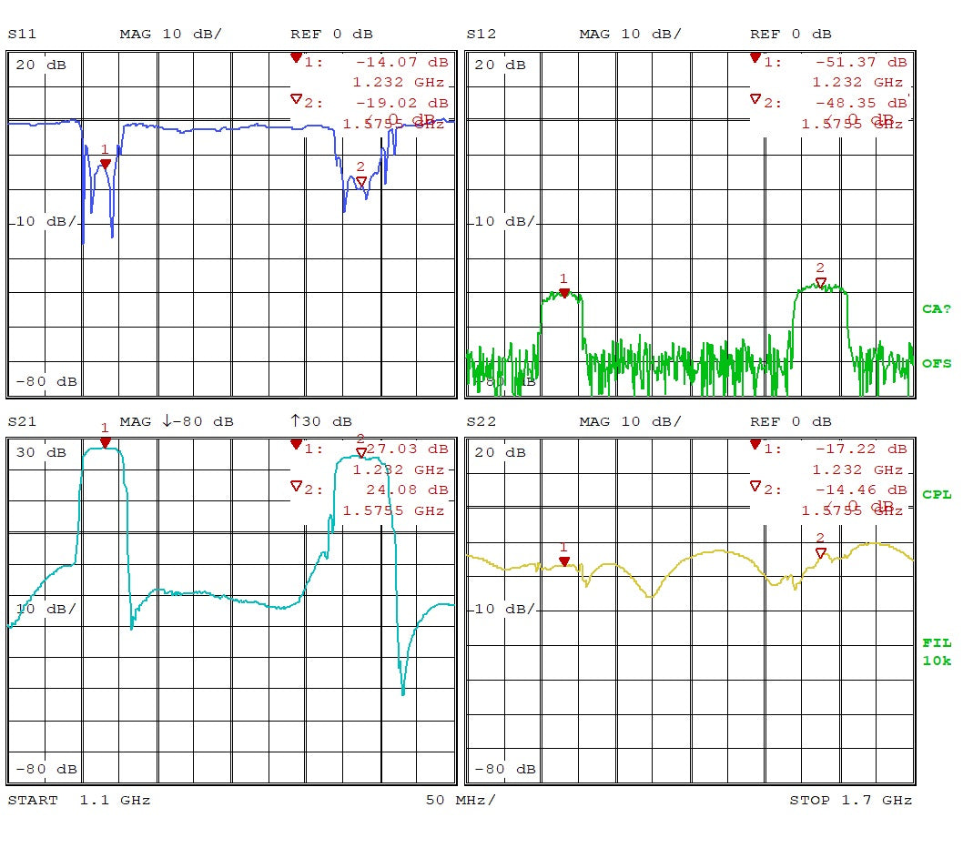 GPS/GNSS L1&L2 Filtered Inline Low Noise Amplifier 0.6dB NF 1.1-1.7GHz 27dB Gain SMA (EMI Shielded)